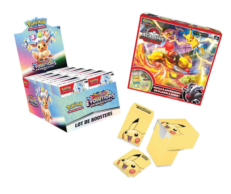 Pack: Display Bundle Pokémon Scharlachrot und Violett Prismen-Evolution + Pokémon Kampfakademie + UltraPro Full View DeckBox Pikachu
