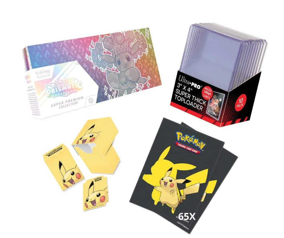 Pack : Coffret Super Premium Pokémon Écarlate et violet Évolutions prismatiques + 65x Sleeves Pikachu Chroma Fusion + UltraPro Full View Deck Box + Ultra Pro 3"x 4" Super thick Toploader