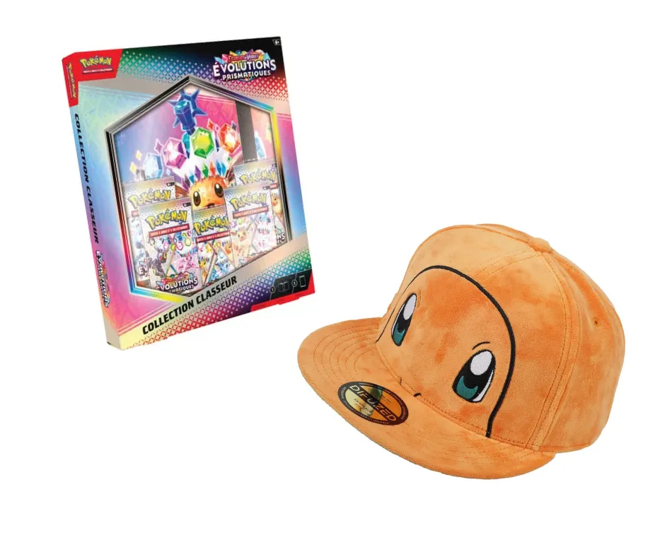 Pack : Coffret Pokémon Collection classeur Écarlate et Violet Évolutions prismatiques + Casquette Salamèche