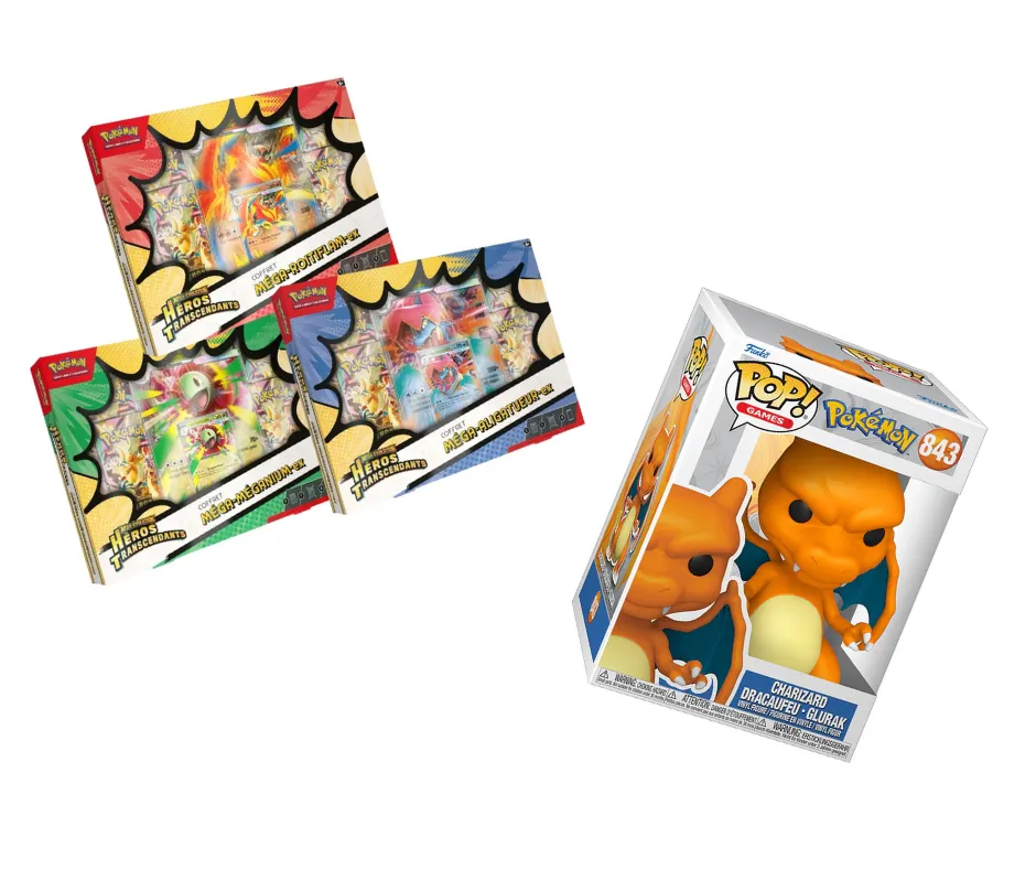 Pack : Coffret Pokémon Méga-Évolutions Héros Transcendants (x1 Aléatoire) + Funko Pop !